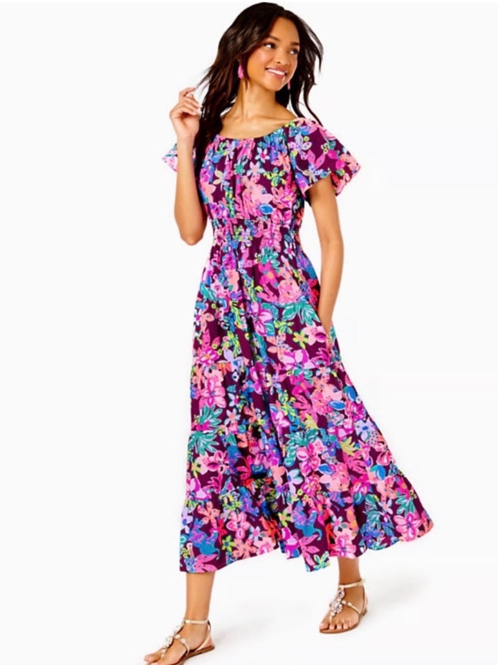 Lilly Pulitzer ellabell midi burgundy floral dress, size large